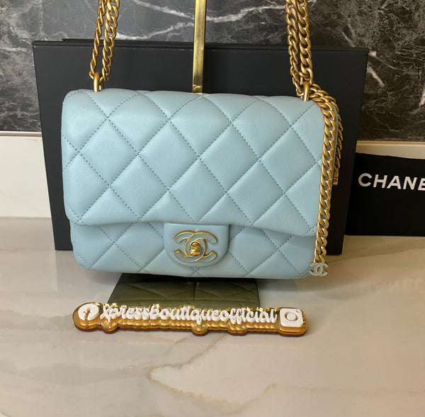 Chanel Lambskin Enamel Quilted Flap Light Blue