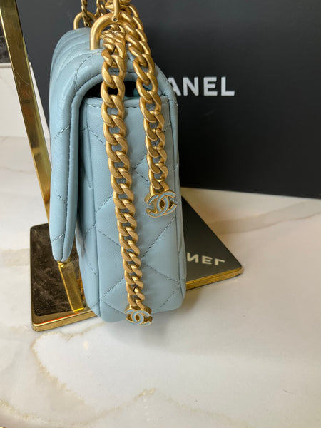 Chanel Lambskin Enamel Quilted Flap Light Blue