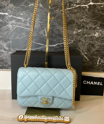 Chanel Lambskin Enamel Quilted Flap Light Blue