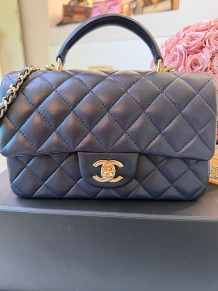 Lambskin Quilted Mini Top Handle Rectangular Flap Navy