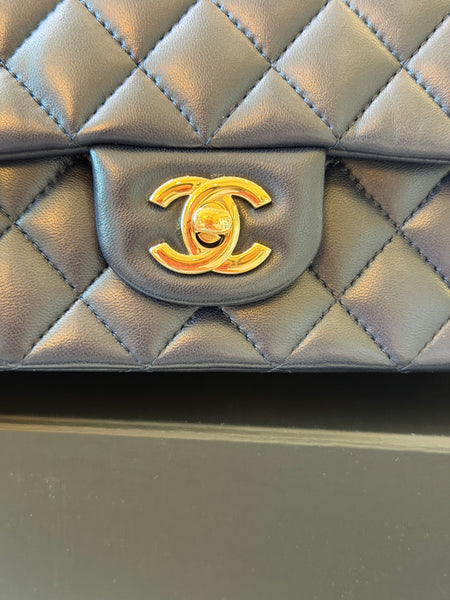 Lambskin Quilted Mini Top Handle Rectangular Flap Navy