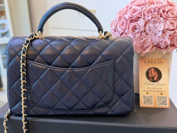 Lambskin Quilted Mini Top Handle Rectangular Flap Navy