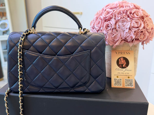 Lambskin Quilted Mini Top Handle Rectangular Flap Navy