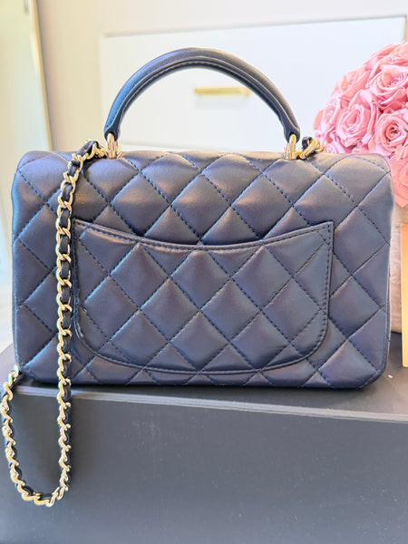 Lambskin Quilted Mini Top Handle Rectangular Flap Navy