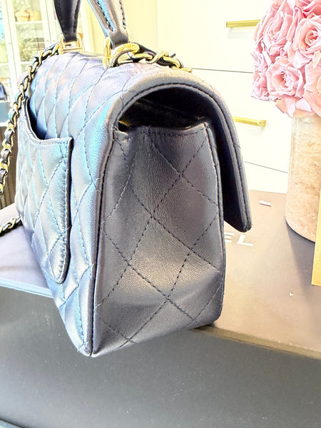 Lambskin Quilted Mini Top Handle Rectangular Flap Navy