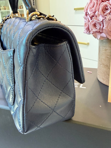 Lambskin Quilted Mini Top Handle Rectangular Flap Navy