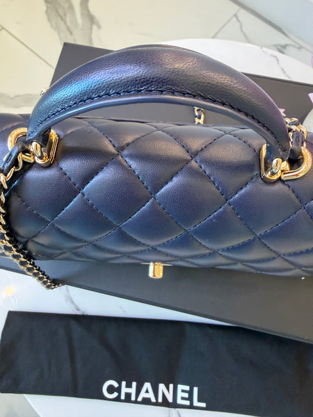 Lambskin Quilted Mini Top Handle Rectangular Flap Navy