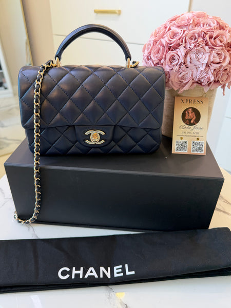 Lambskin Quilted Mini Top Handle Rectangular Flap Navy